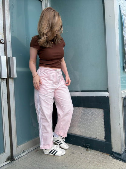 Villa Drawstring Barrel Leg Jean in Pink and Sport Stripe