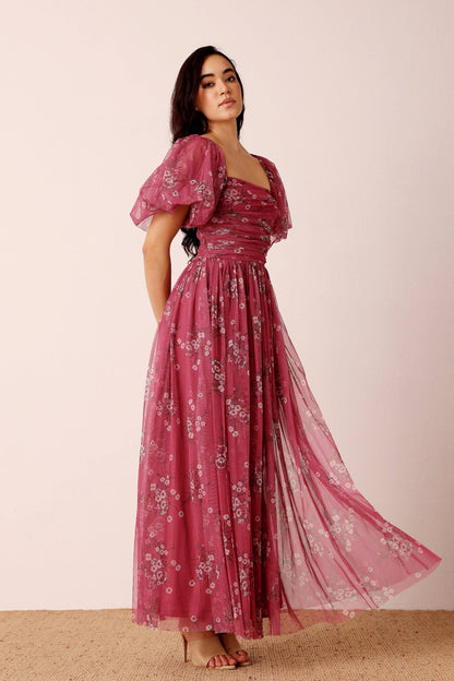 Lana Puff Sleeve Tulle Maxi Dress in Orchid Floral