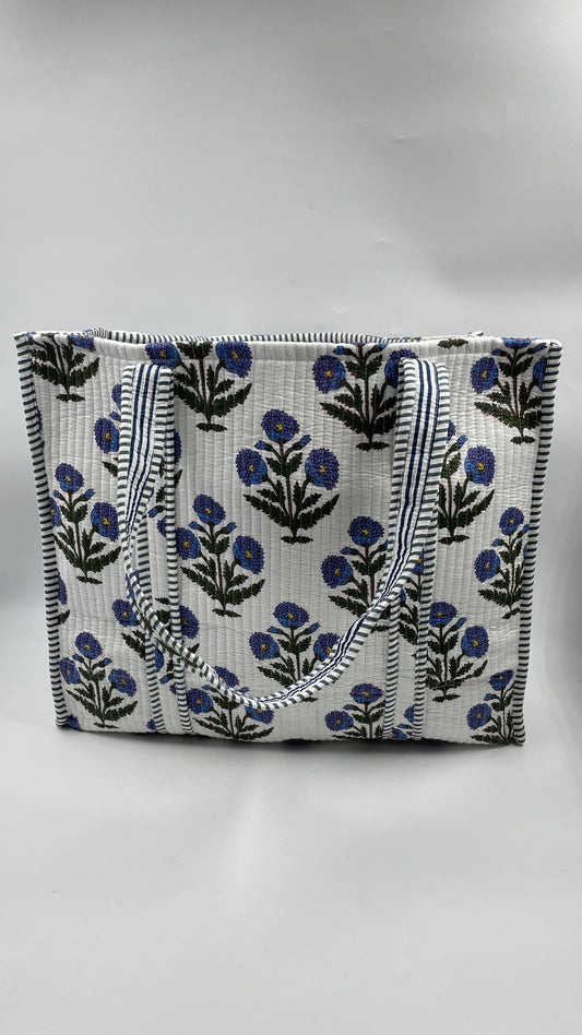 Blue Floral Kantha Quilted Reversible Tote Bag