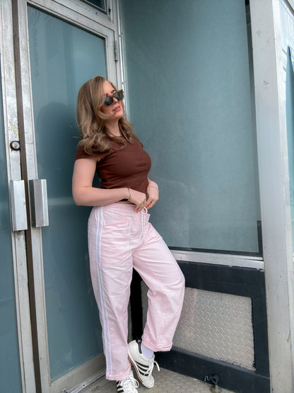 Villa Drawstring Barrel Leg Jean in Pink and Sport Stripe