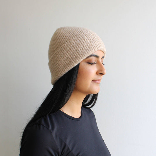 Beige Wool Blend Fine Knit Winter Hat
