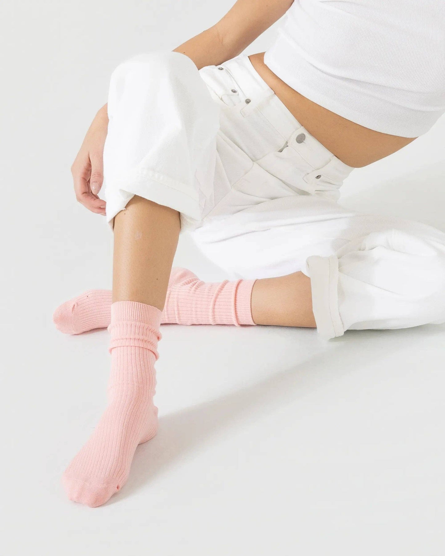 Combed Cotton Ribbed Crew Socks in Rosé