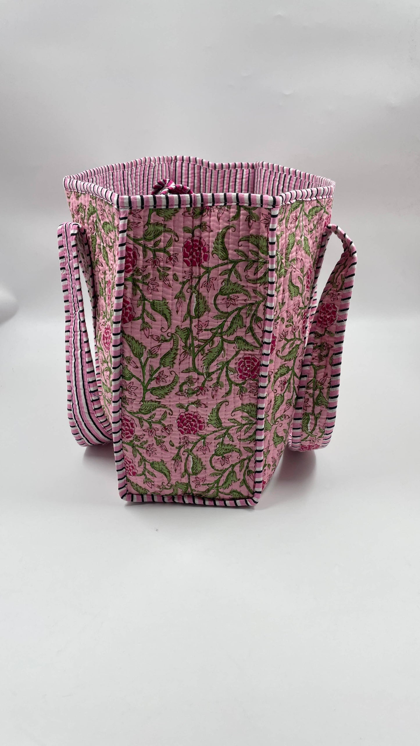 Pink Floral Kantha Quilted Boho Reversible Tote Bag