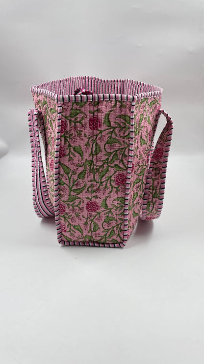 Pink Floral Kantha Quilted Boho Reversible Tote Bag
