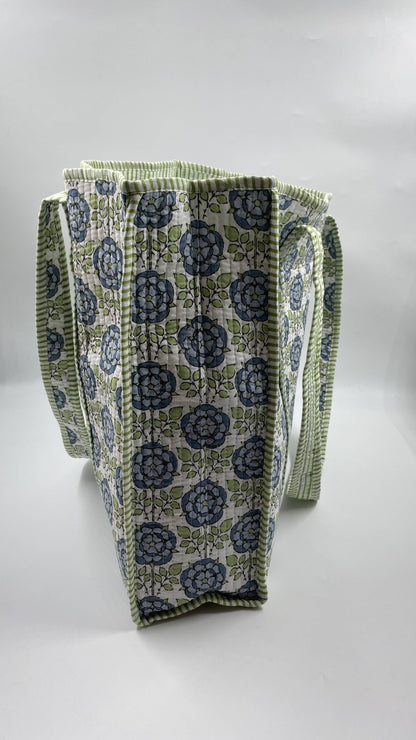 Blue & Green Cotton Kantha Quilted Boho Floral Reversible Tote Bag