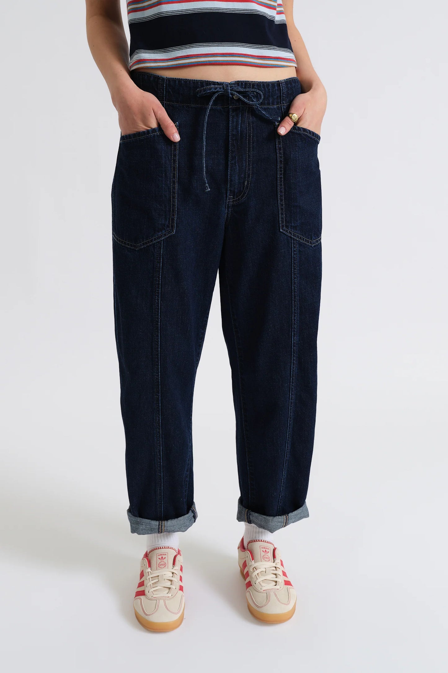 Villa Drawstring Barrel Leg Jean in Blue Mood