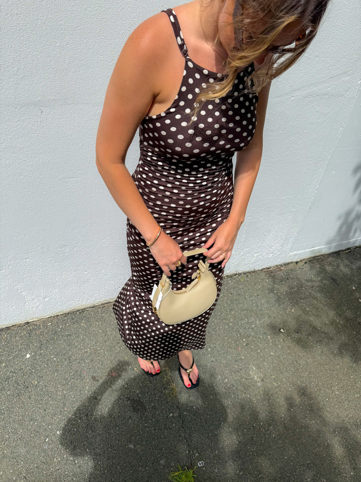 Chocolate Polka-Dot Ruched Dress