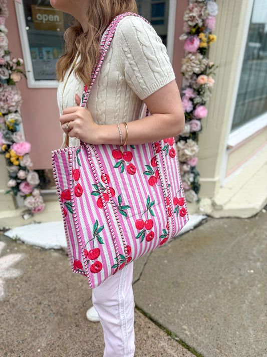 Cherries Cotton Kantha Quilted Boho Floral Reversible Tote Bag 