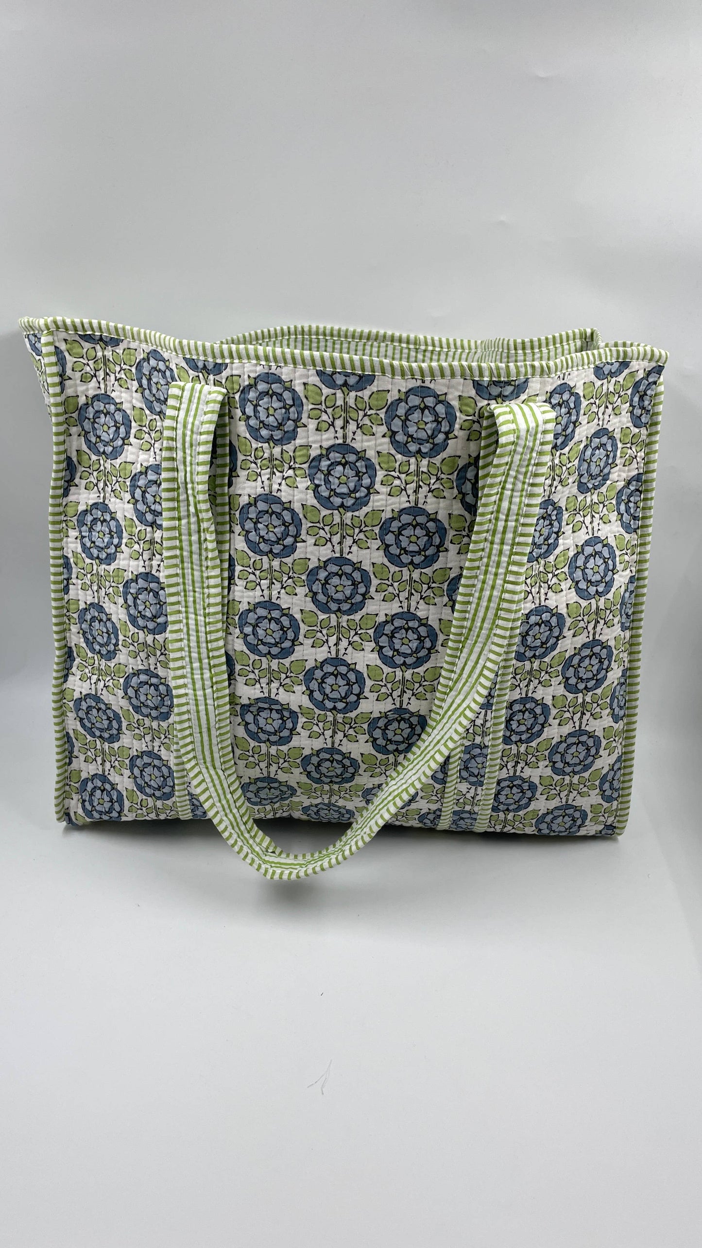 Blue & Green Cotton Kantha Quilted Boho Floral Reversible Tote Bag
