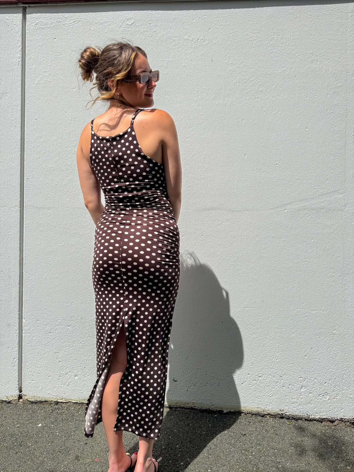 Chocolate Polka-Dot Ruched Dress