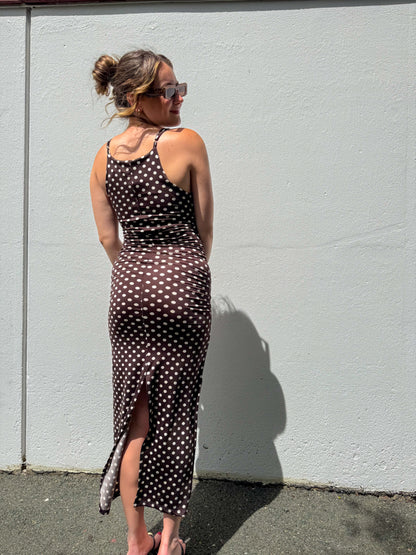 Chocolate Polka-Dot Ruched Dress