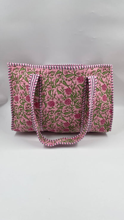 Pink Floral Kantha Quilted Boho Reversible Tote Bag