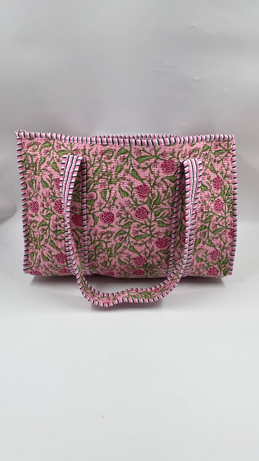 Pink Floral Kantha Quilted Boho Reversible Tote Bag