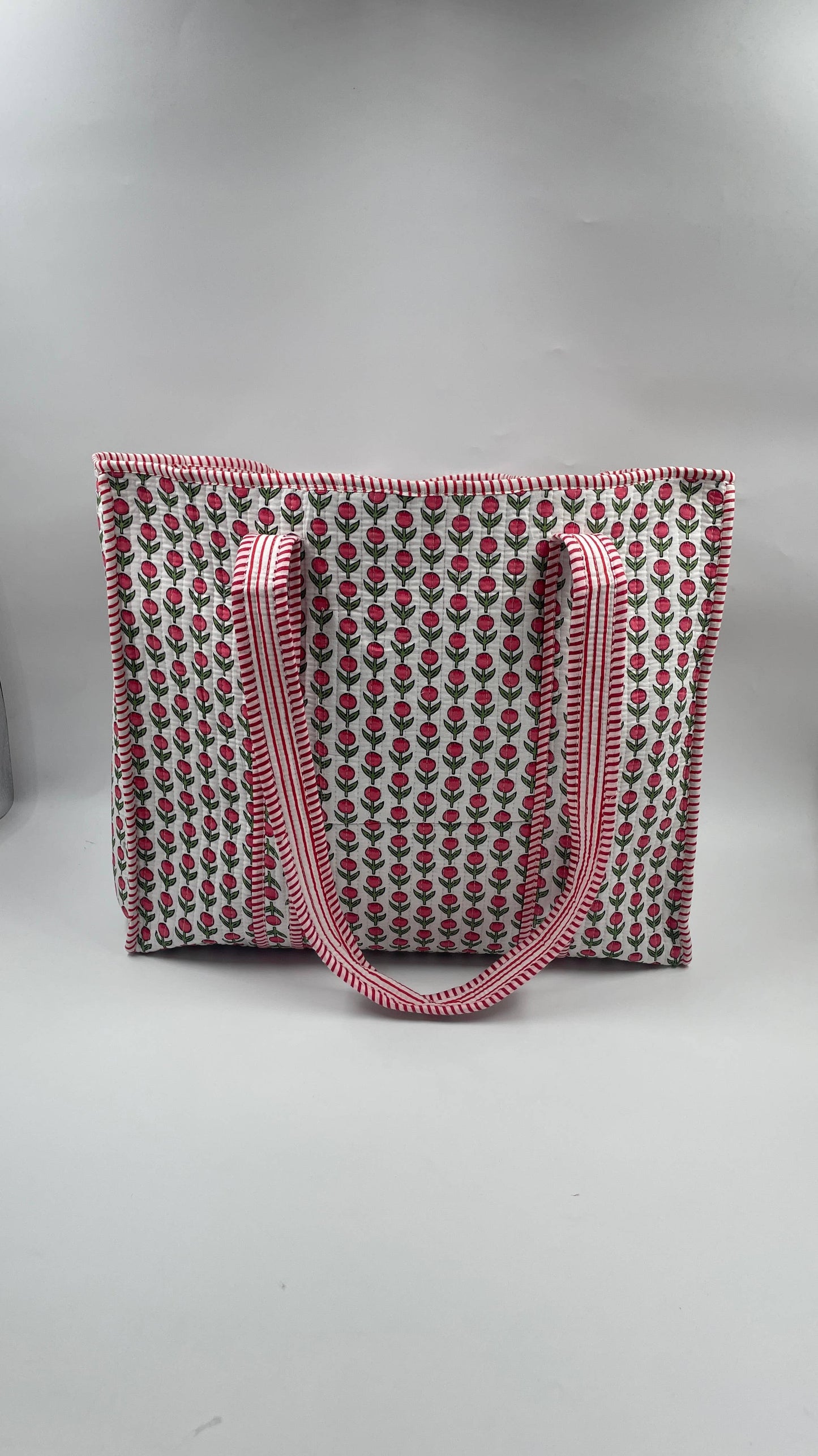 Pink Flower Kantha Quilted Boho Reversible Tote Bag