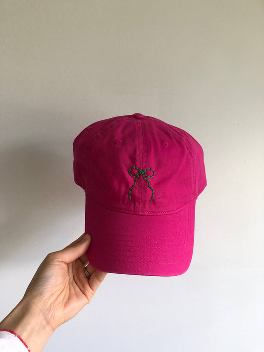 Bow Hand Embroidery Hat in Dragonfruit