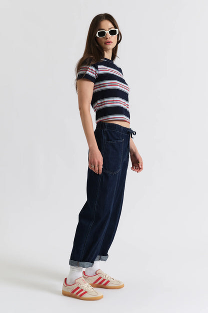 Villa Drawstring Barrel Leg Jean in Blue Mood