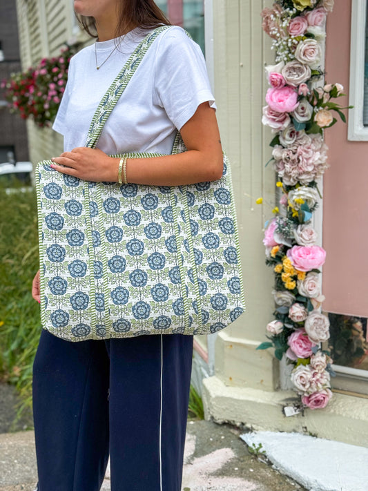 Blue & Green Cotton Kantha Quilted Boho Floral Reversible Tote Bag