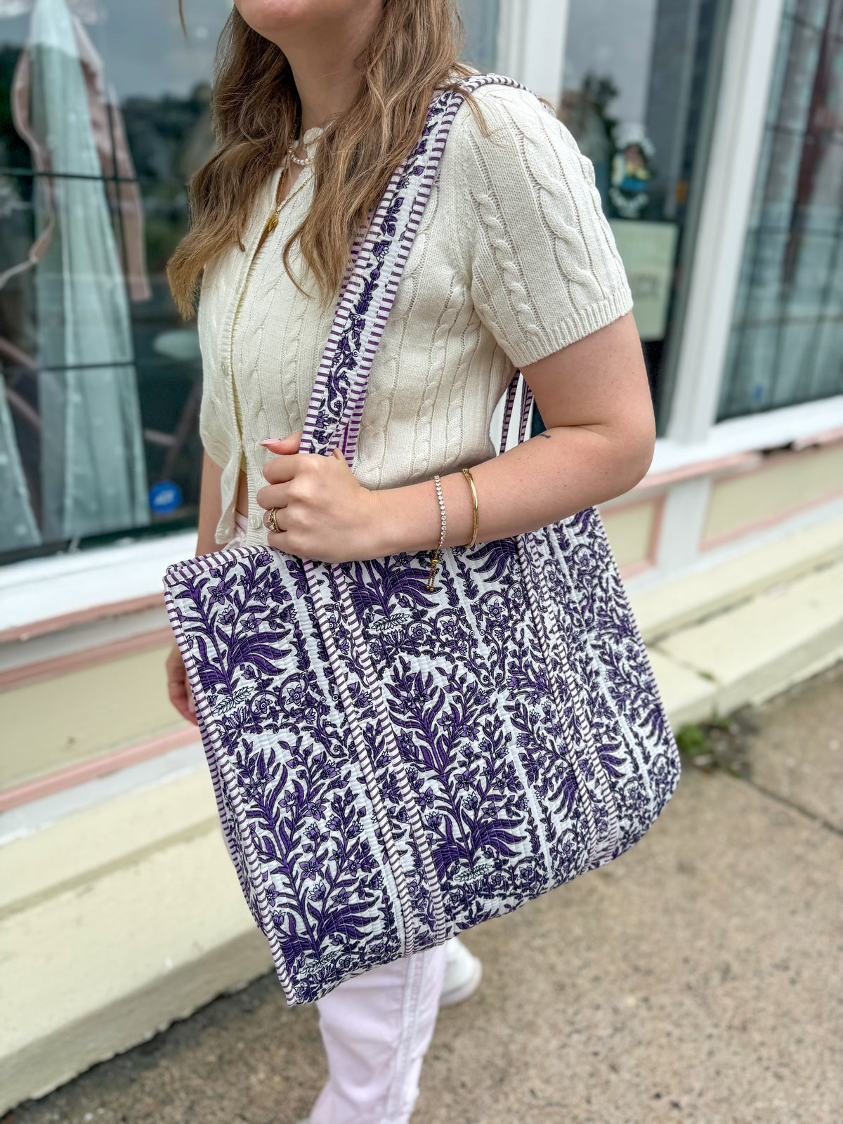 Lavender Cotton Kantha Quilted Boho Floral Reversible Tote Bag