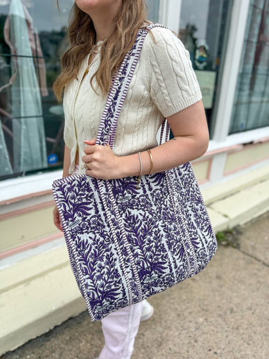 Lavender Cotton Kantha Quilted Boho Floral Reversible Tote Bag