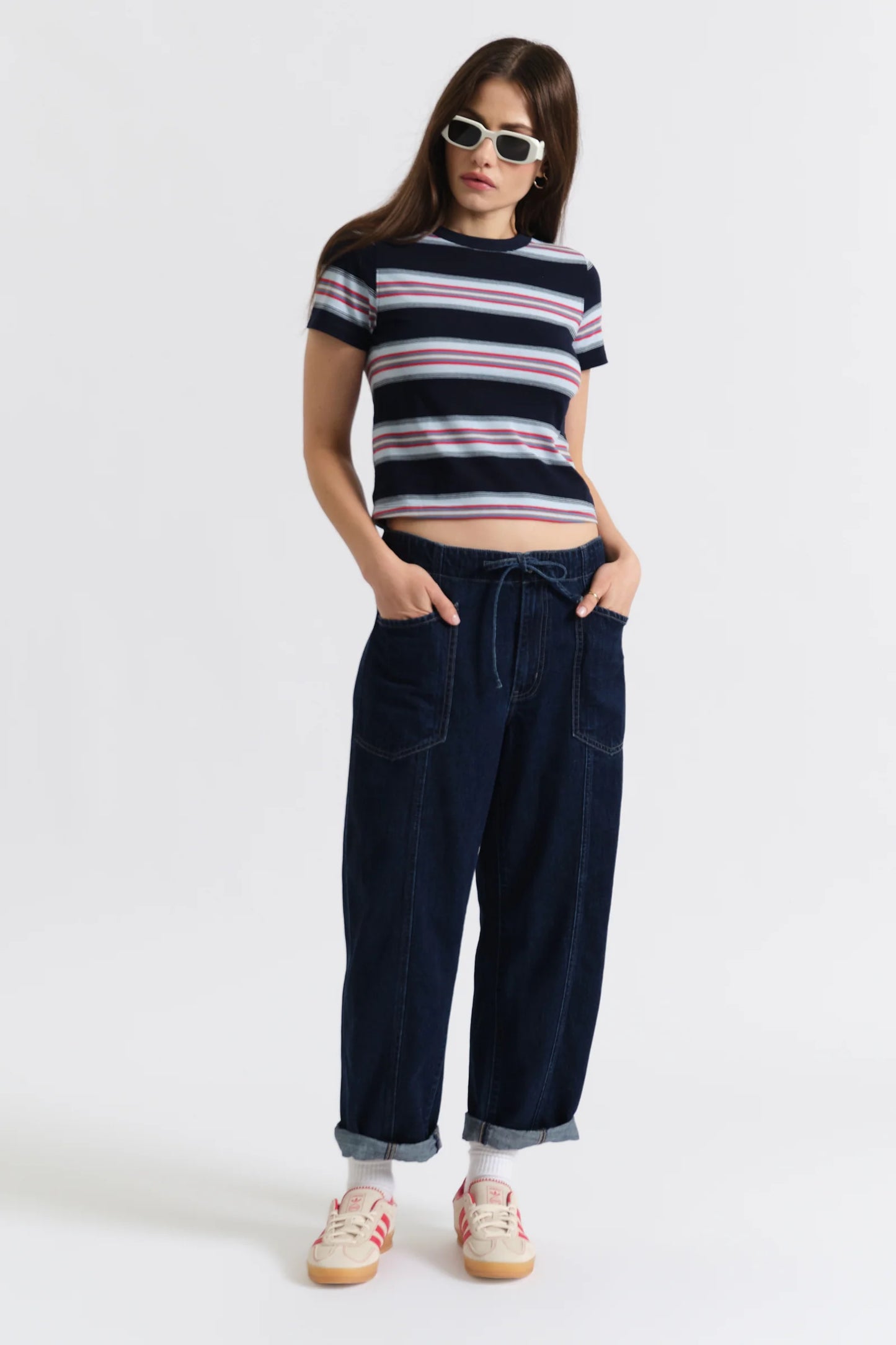 Villa Drawstring Barrel Leg Jean in Blue Mood