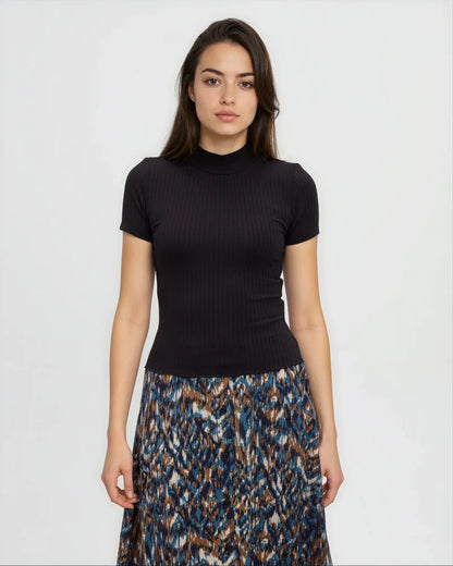 Whitney Mock Neck Tee in Black