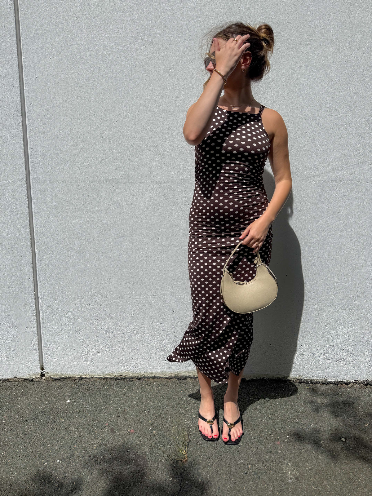 Chocolate Polka-Dot Ruched Dress