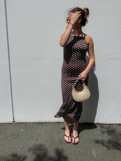 Chocolate Polka-Dot Ruched Dress