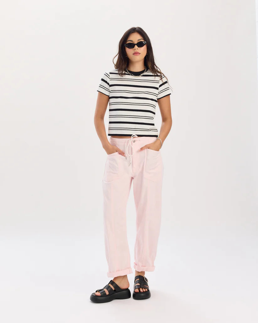 Villa Drawstring Barrel Leg Jean in Pink and Sport Stripe