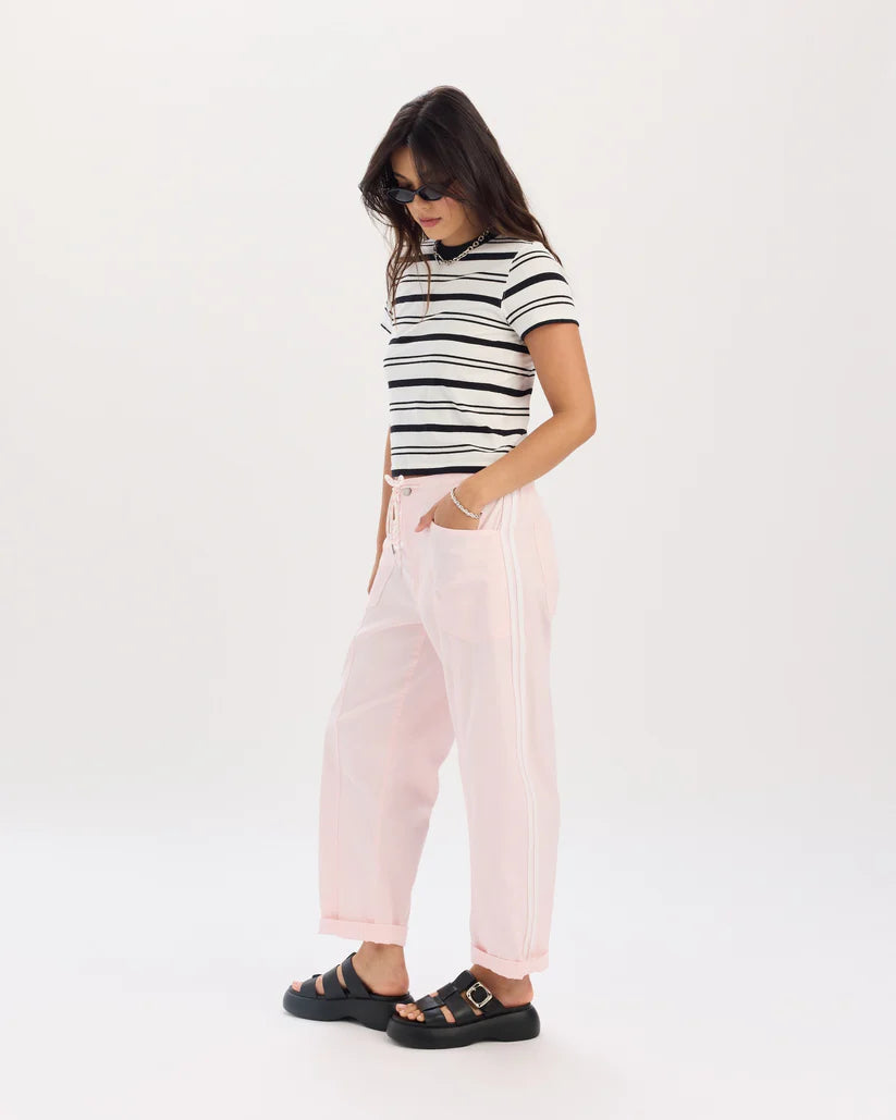 Villa Drawstring Barrel Leg Jean in Pink and Sport Stripe
