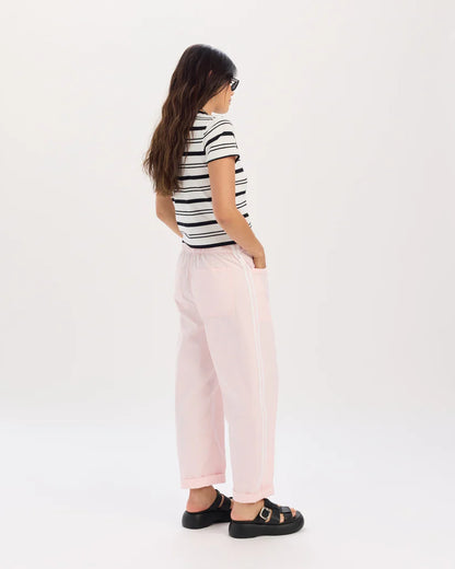 Villa Drawstring Barrel Leg Jean in Pink and Sport Stripe