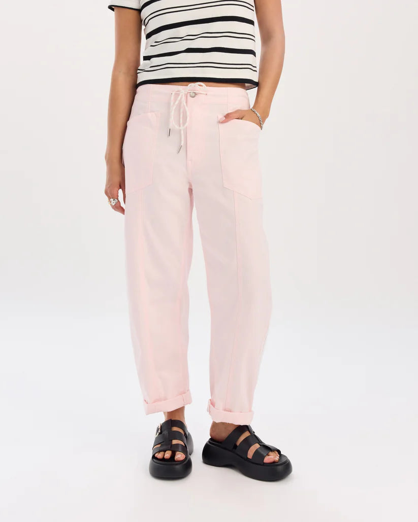 Villa Drawstring Barrel Leg Jean in Pink and Sport Stripe