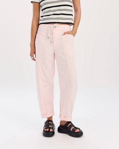 Villa Drawstring Barrel Leg Jean in Pink and Sport Stripe
