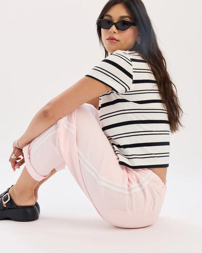 Villa Drawstring Barrel Leg Jean in Pink and Sport Stripe