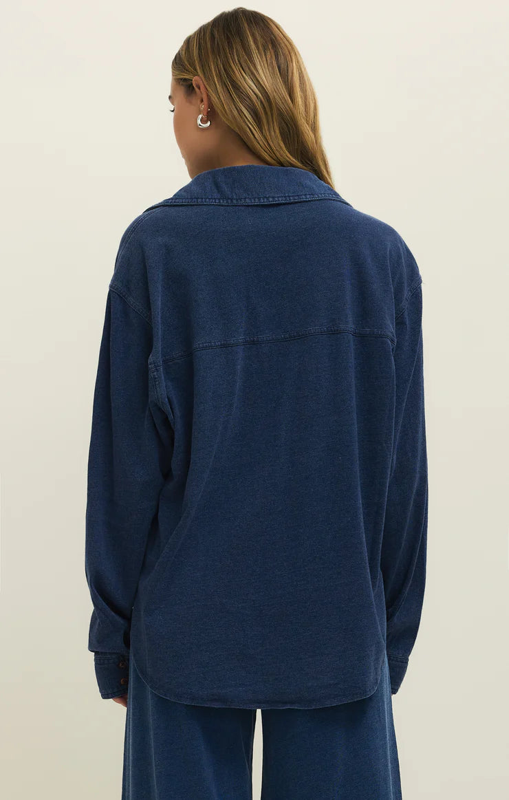 Reese Jersey Denim Button Up in Indigo