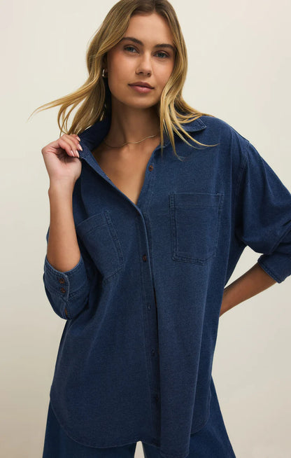 Reese Jersey Denim Button Up in Indigo