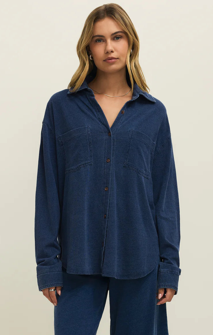 Reese Jersey Denim Button Up in Indigo