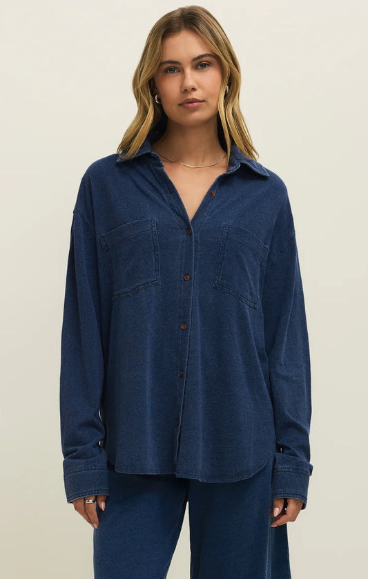 Reese Jersey Denim Button Up in Indigo