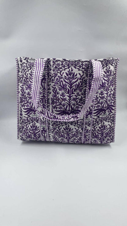 Lavender Cotton Kantha Quilted Boho Floral Reversible Tote Bag