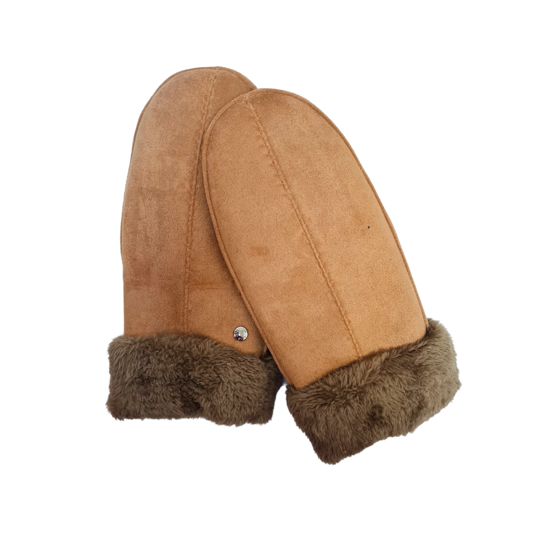 Ladies Faux Suede Mitten With Sherpa Cuff in Camel