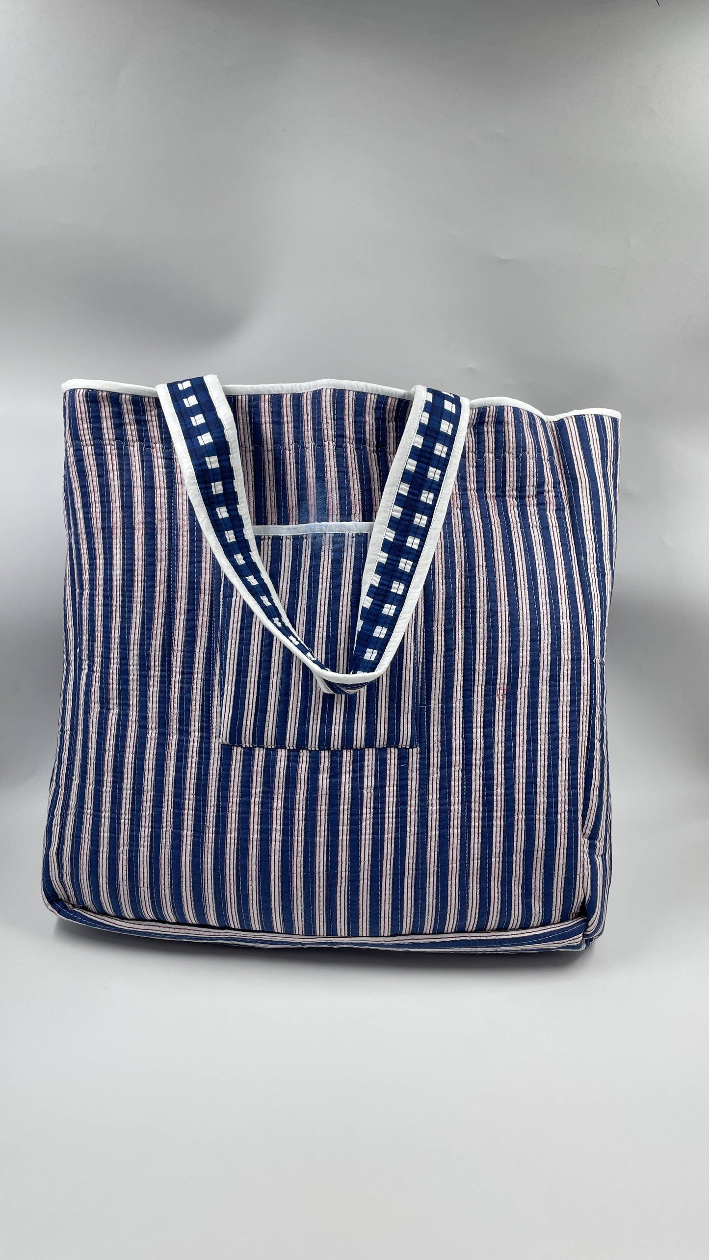 Navy Kantha Quilted Boho Box Reversible Tote Bag 