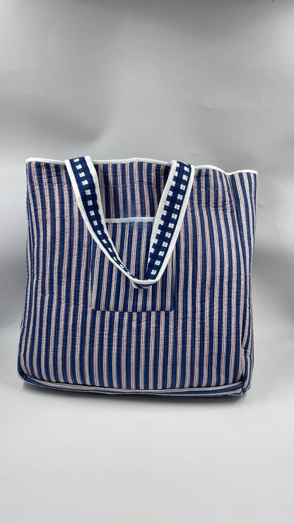 Navy Kantha Quilted Boho Box Reversible Tote Bag 