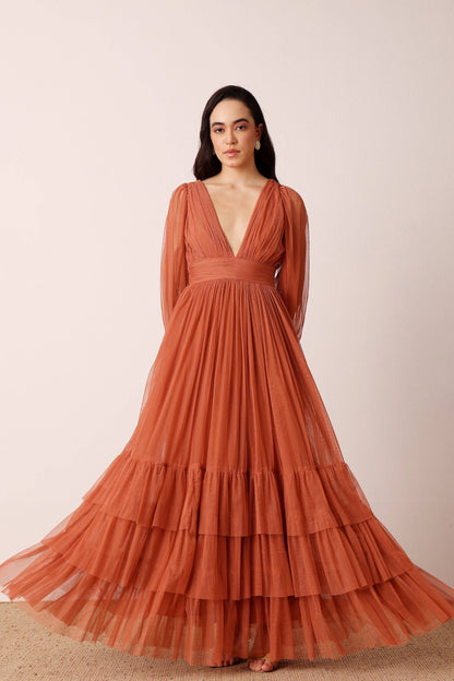 Madison Long Sleeve Maxi Dress in Terracotta