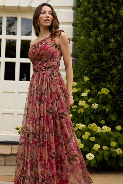 Red Rose One Shoulder Maxi Dress