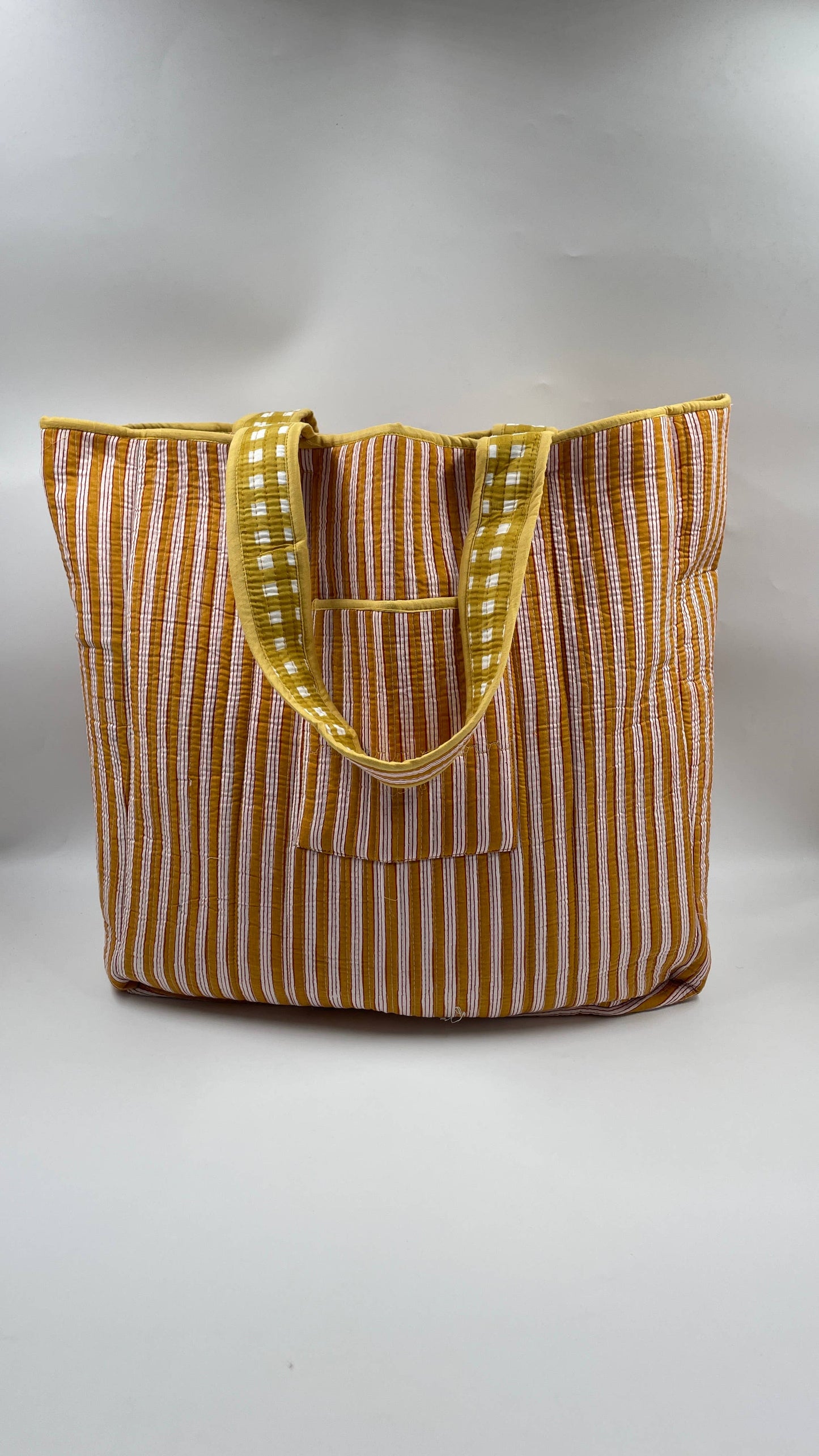 Mustard Cotton Kantha Quilted Boho Box Reversible Tote Bag