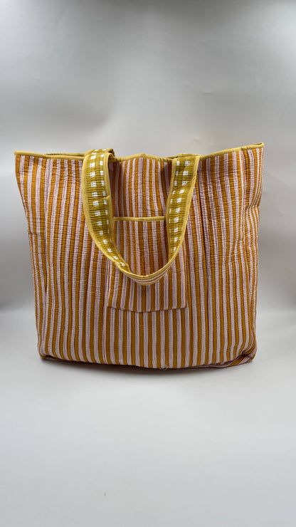 Mustard Cotton Kantha Quilted Boho Box Reversible Tote Bag