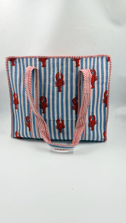 Lobster Cotton Kantha Quilted Boho Floral Reversible Tote Bag
