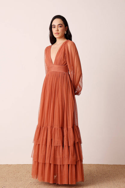 Madison Long Sleeve Maxi Dress in Terracotta