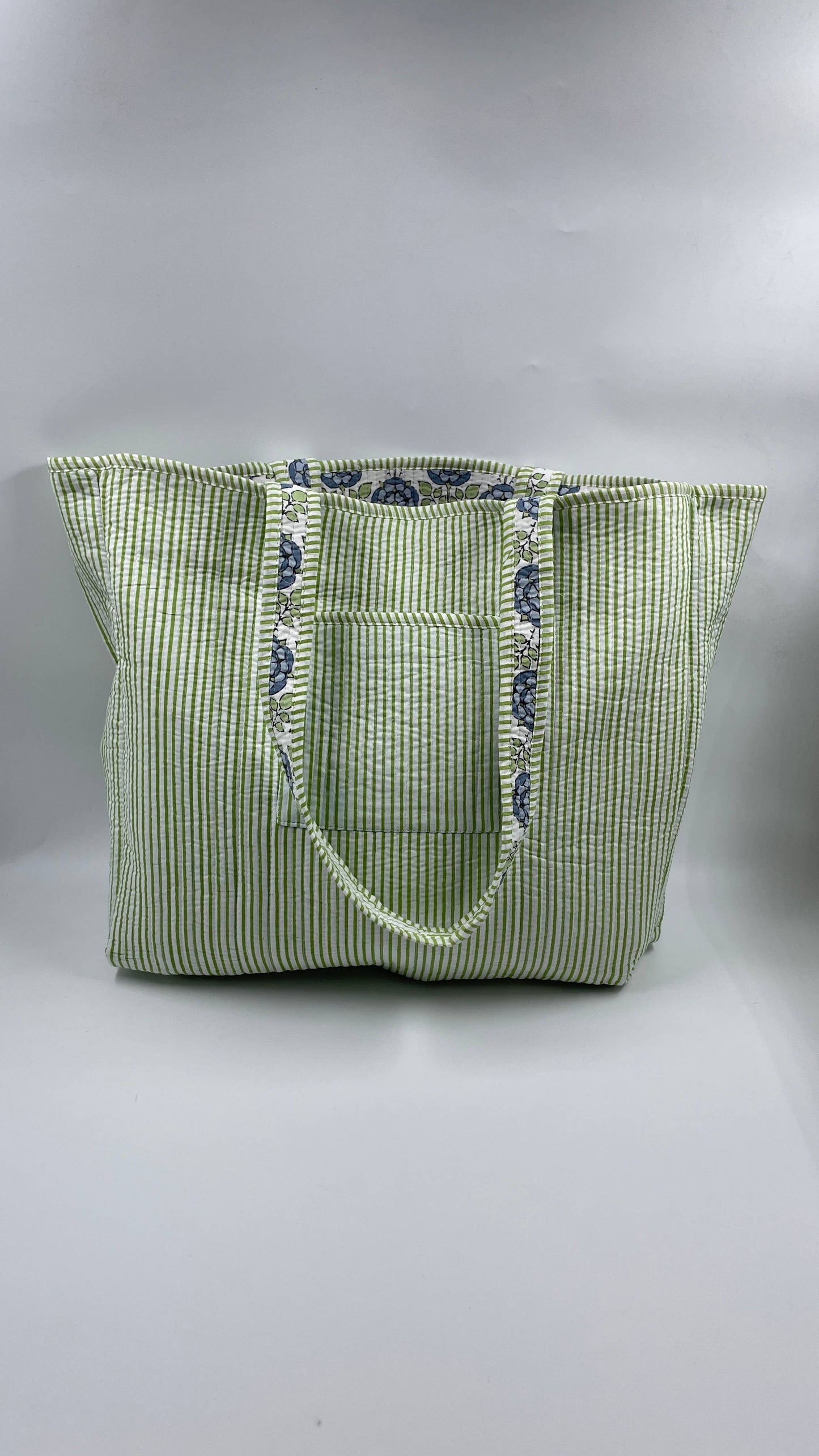 Blue & Green Cotton Kantha Quilted Boho Floral Reversible Tote Bag