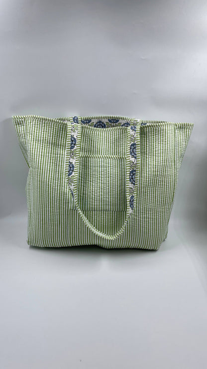 Blue & Green Cotton Kantha Quilted Boho Floral Reversible Tote Bag