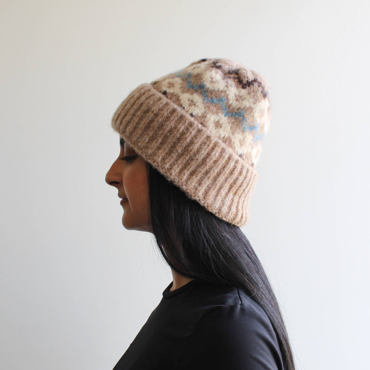 Beige Patterned Wool Blend Winter Hat